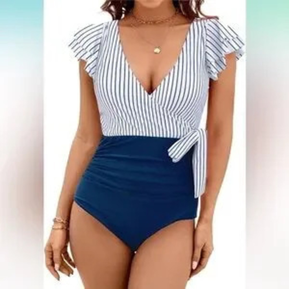 Tummy Control Slimming One Piece Bathing Suit Ruffle Wrap V Neck Swimwear